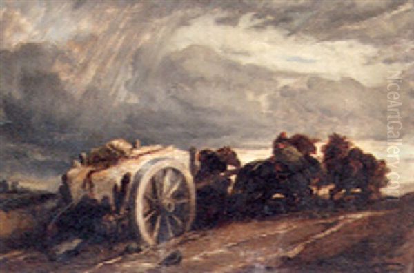 Horses Pulling A Heavy Cart In A Stormy Landscape Oil Painting by Achille Giroux