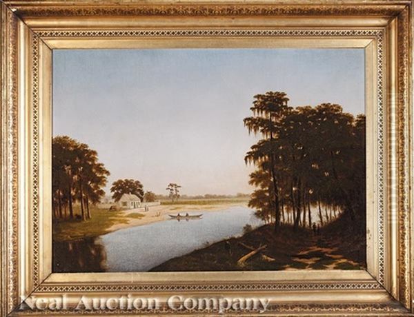 Figures Arriving By Boat At A Creole Cottage Beside A Bayou Oil Painting by Charles Giroux