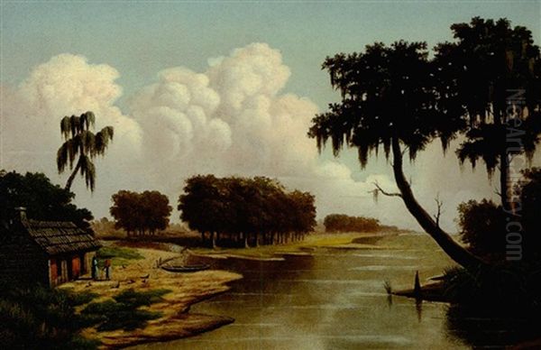 Rural Louisiana Bayou Scene With Nearby Farm And Figures By The Shore Oil Painting by Charles Giroux