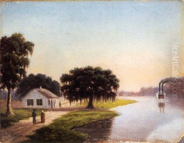 On The Bayou, Rural Louisiana Landscape With Steamboat Oil Painting by Charles Giroux