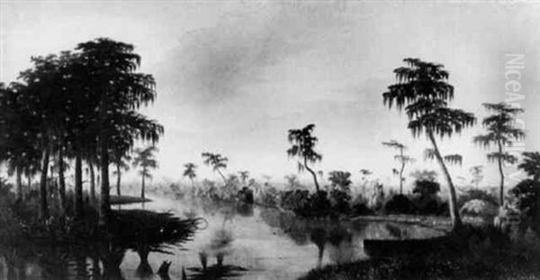 Louisiana Bayou With Thatched Roof Hut On The Shore Oil Painting by Charles Giroux