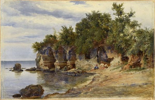 Grottes Romaines: Baia, Camerelle Huile Sur Papier Maroufle Sur Toile. Situee Au Dos Marque <castellone 169>, Cachet De La Vente Giroux Oil Painting by Andre Giroux