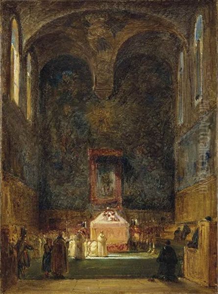 Le Catafalque Du Pape Dans La Chapelle Sixtine Oil Painting by Andre Giroux