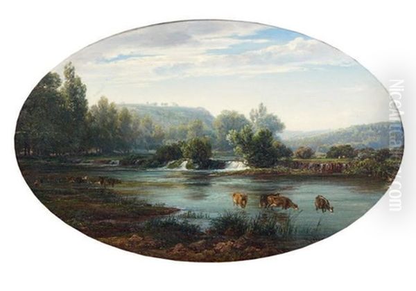 Troupeau S'abreuvant Dans Une Riviere Oil Painting by Andre Giroux