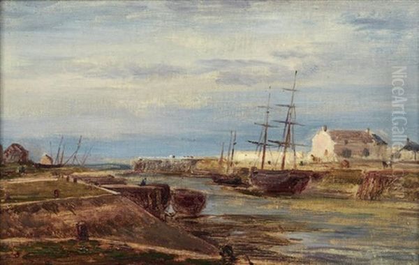 Bateaux De Pecheurs A Courseulles, Maree Basse Oil Painting by Andre Giroux