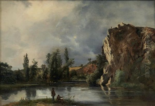 Deux Pecheurs Au Bord D'une Rivere Oil Painting by Andre Giroux