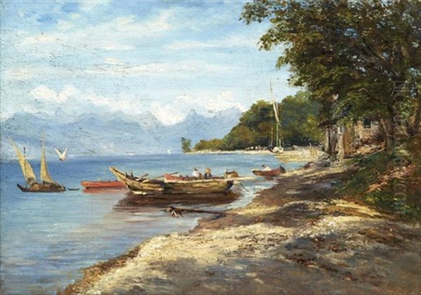 Barques Sur Un Lac De Montagne Oil Painting by Andre Giroux