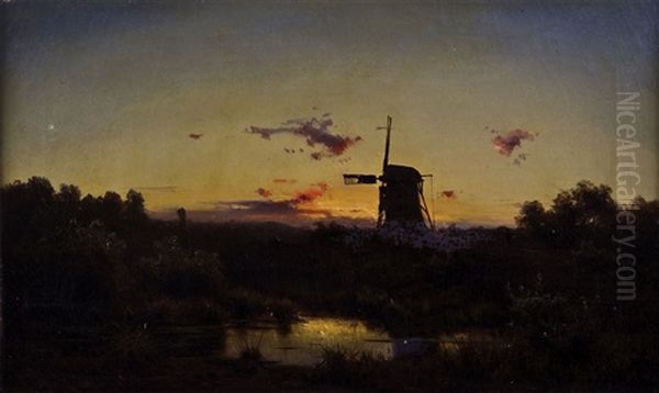 Atmospharischer Sonnenuntergang Mit Windmuhle Von Potsdam Oil Painting by Bernhard Girscher