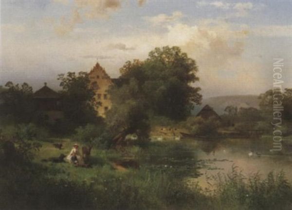 Schloschen Am Muhlteich. Idyllische Szene Mit Personen Und Tieren Am Ufer Des Sees Oil Painting by Bernhard Girscher