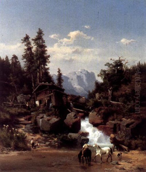 Idyllische Landschaft Mit Kindern Im Hochgebirge (muhle Aus Dem Pinzgau) Oil Painting by Bernhard Girscher