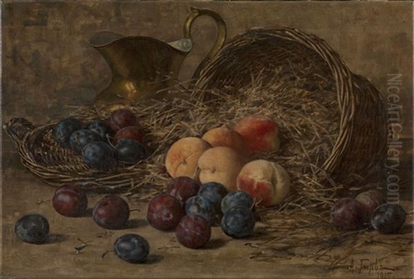 Still Life With Plums And Peaches Oil Painting by Alfred Alfredovich Girv