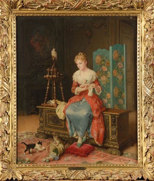 Jeune Fille Au Tricot Dans Un Interieur Oil Painting by Antonio Gisbert