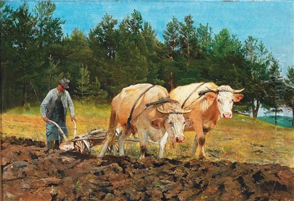 Farmer Ploughing Oil Painting by Josef Gisela