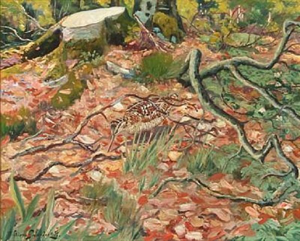 A Forest Floor With A Woodcock And A Few Anemones Oil Painting by William Gislander