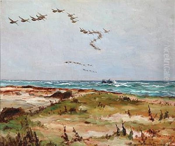 Beach Scene With Wild Geese Oil Painting by William Gislander