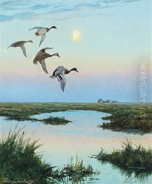 Moorland Scenery With Ducks In The Moonlight Oil Painting by William Gislander