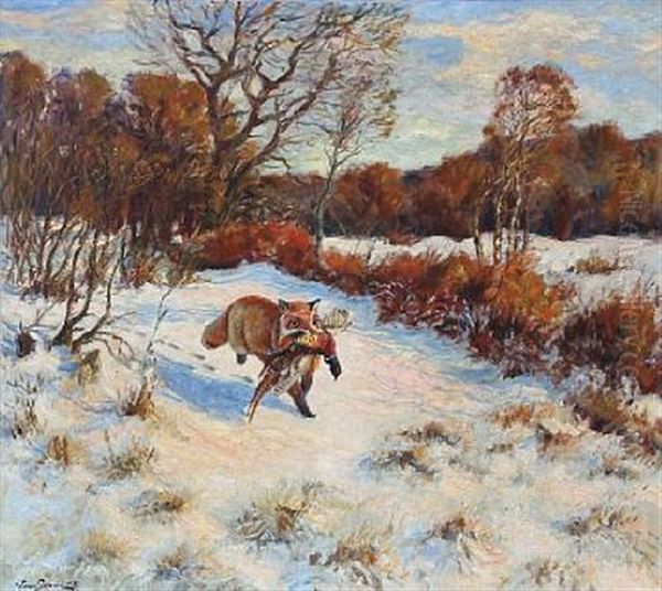 Snow Landscape With A Fox Who Has Caught A Pheasant Oil Painting by William Gislander