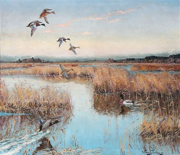 Ducks At A Lake Oil Painting by William Gislander