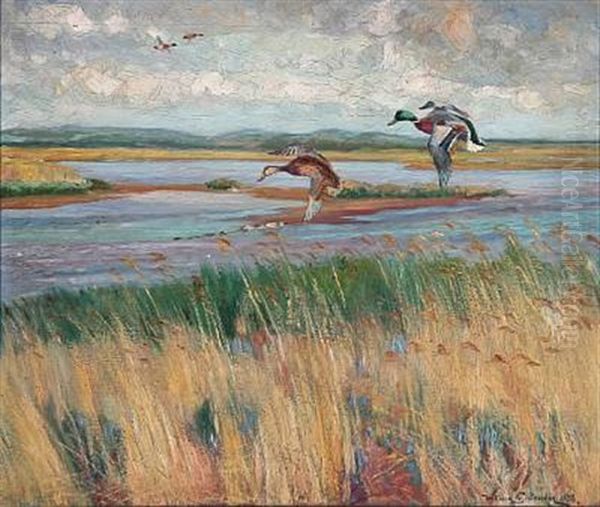 Landscape With Low-flying Mallards Oil Painting by William Gislander