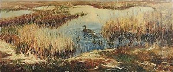 A Duck With Ducklings In A Pond Oil Painting by William Gislander