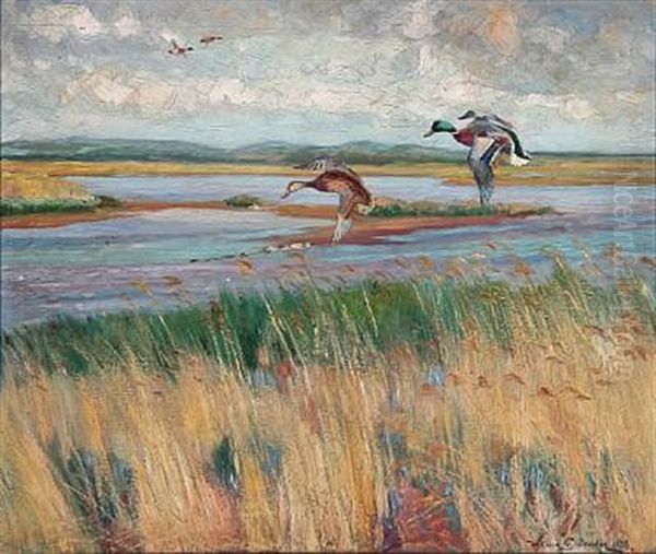 Landscape With Low-flying Ducks Oil Painting by William Gislander