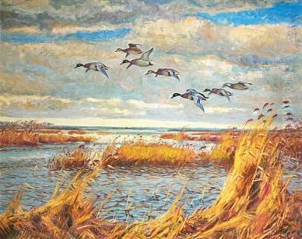 Scenery With Flying Ducks Oil Painting by William Gislander