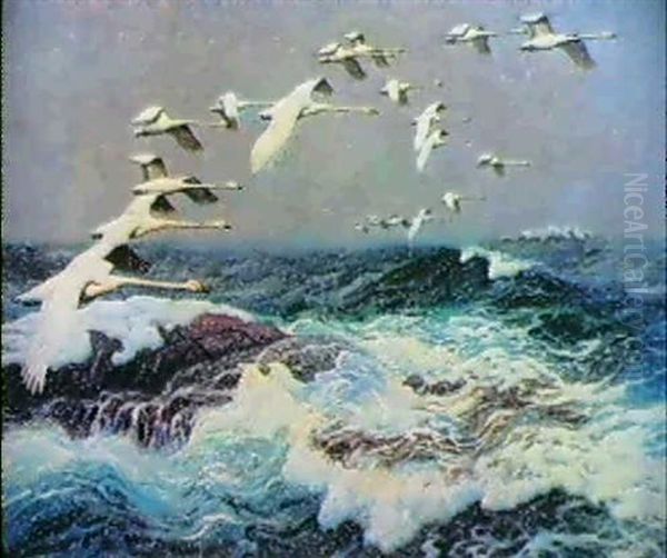 Flygande Svanar Over Skummande Hav Oil Painting by William Gislander