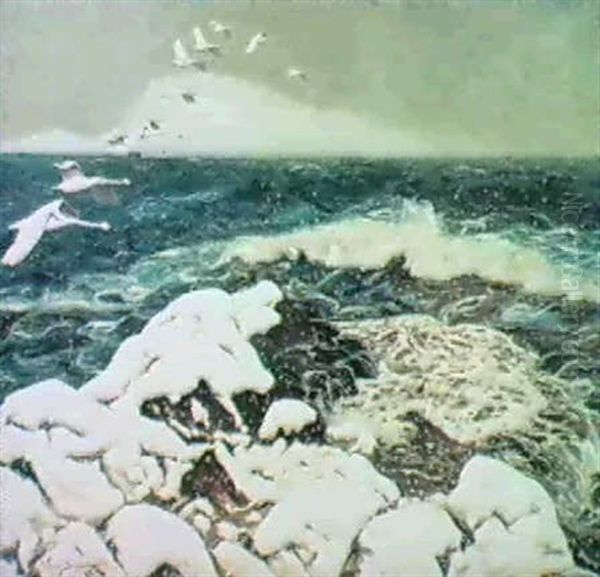 Strackande Svanar Over Hav- Vinter Oil Painting by William Gislander