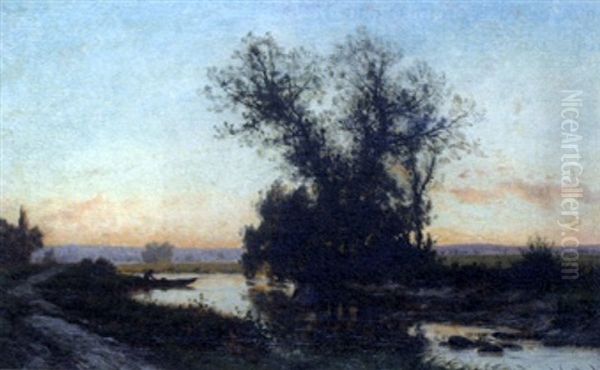 Bord De Riviere Au Coucher De Soleil Oil Painting by Alexandre-Charles-Joseph Gittard