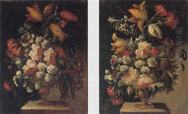 Still Life Of Mixed Flowers In A Gilt Urn, Upon A Stone Pedestal Oil Painting by Niccola Giuli