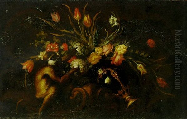 Parrot Tulips, Roses, Narcissi And Other Flowers In An Upturned Vase With A Monkey Oil Painting by Niccola Giuli