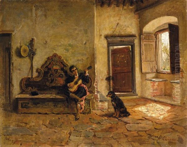 Figura Con Chitarra E Cane In Un Interno, 1900 Oil Painting by Bartolomeo Giuliano