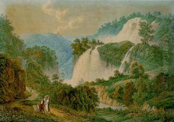 A Mountainous Landscape With Waterfalls, And A Family Of Peasants In The Foreground Oil Painting by Filippo Giuntotardi