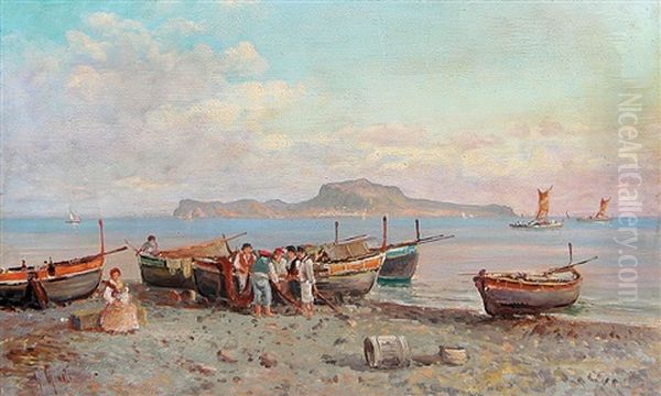 Pescatori Sulla Spiaggia Oil Painting by Guglielmo Giusti