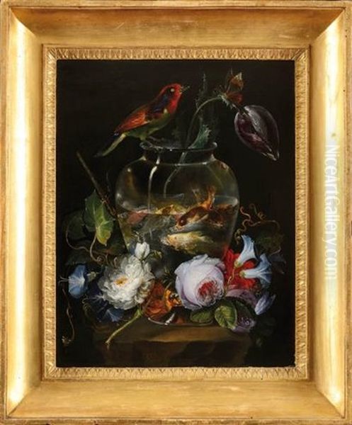 Aquarium Entoure De Fleurs Sur Une Margelle Oil Painting by Salvatore Giusti