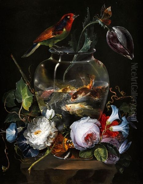 Stilleben Mit Aquarium Umstellt Von Sommerblumen Und Vogel Sowie Schmetterling Oil Painting by Salvatore Giusti