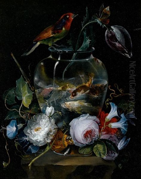 Aquarium Entoure De Fleurs Sur Une Margelle Oil Painting by Salvatore Giusti