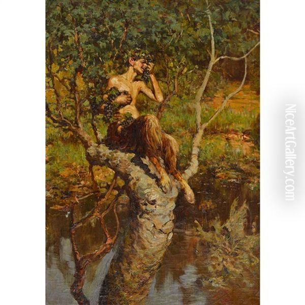 Lachender Faun Mit Trauben Auf Einem Baum Oil Painting by Fausto Giusto