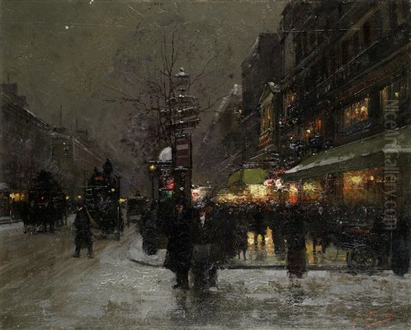 Parisian Boulevard In Winter Oil Painting by Fausto Giusto