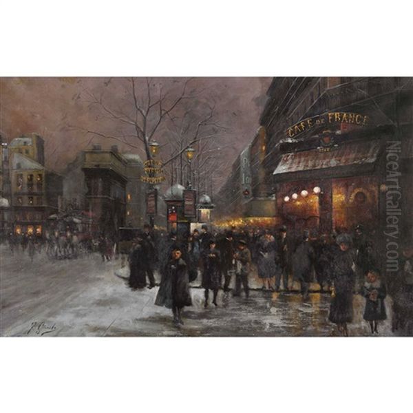 Nachtlicher Boulevard In Paris Mit Der Porte Saint-martin Oil Painting by Fausto Giusto