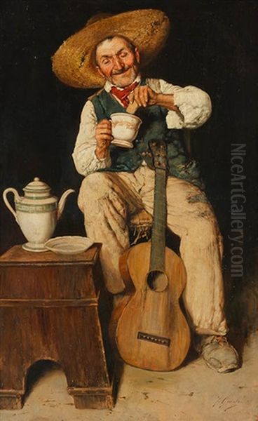 Alter Gitarrenspieler Mit Kaffee Und Geback Oil Painting by Fausto Giusto