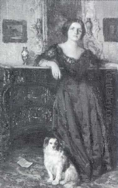 Junge Frau Mit Hund In Interieur Oil Painting by Fausto Giusto