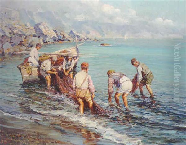 Fishermen Unloading Their Catch Oil Painting by Fausto Giusto