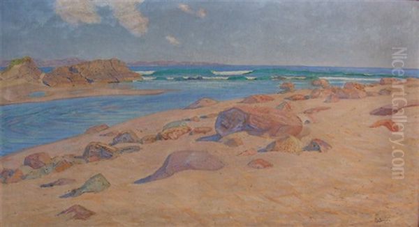 A Coastal View (jaeren Stavanger) With Tide Pool And Breaking Waves Beyond Oil Painting by Per Gjemre