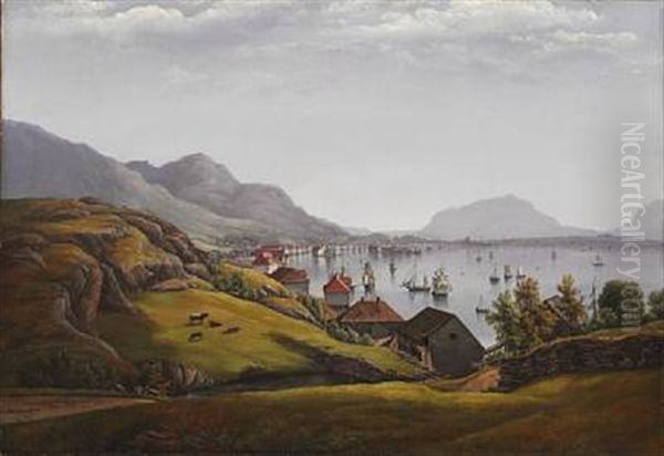 Norwegian Fjord With Traffic At Sea, Presumably Off Frederikshald (halden) Oil Painting by Ferdinand Gjos