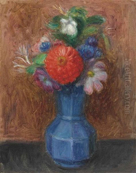 Flowers In Blue Octagonal Vase Oil Painting by William Glackens