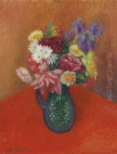 Flowers With Red Tablecloth Oil Painting by William Glackens