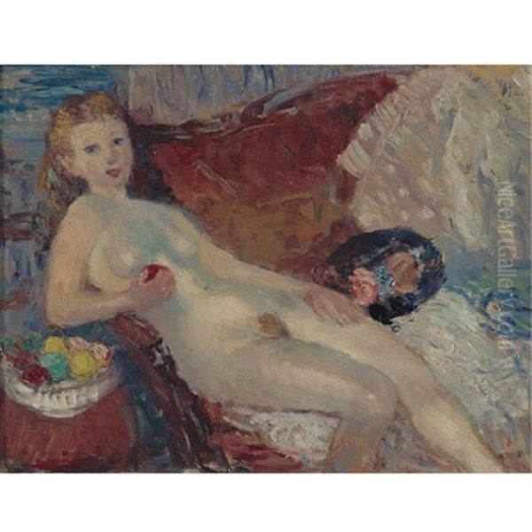 Nude With Apple (preliminary Study) Oil Painting by William Glackens