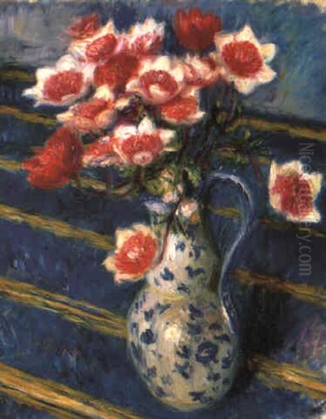 Red And White Anemones Oil Painting by William Glackens