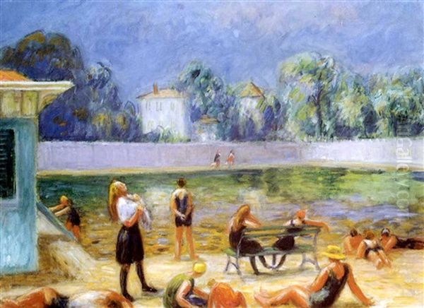 Outdoor Swimming Pool Oil Painting by William Glackens